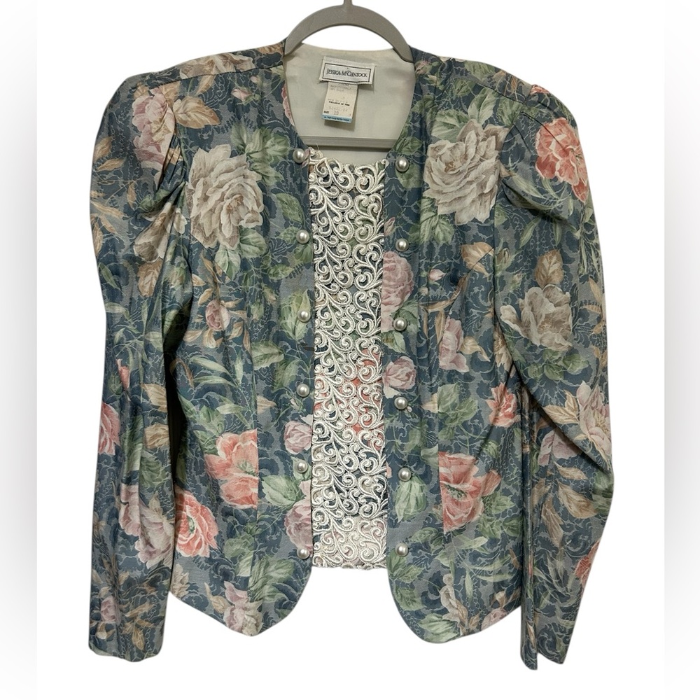Vintage JESSICA MCCLINTOCK floral amd lace with pearls fitted blaser top size 10